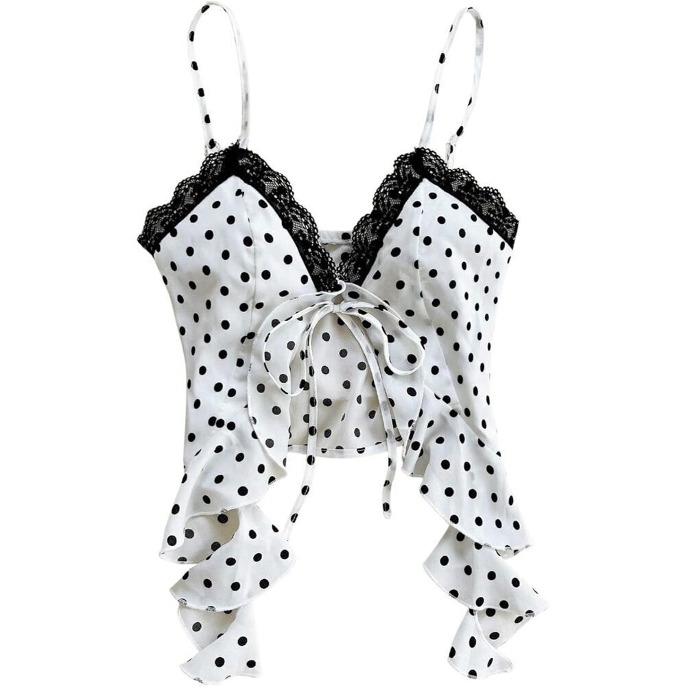 Women's Polyester Polka Dot Lace V Neck Sleeveless Crop Cami Top
